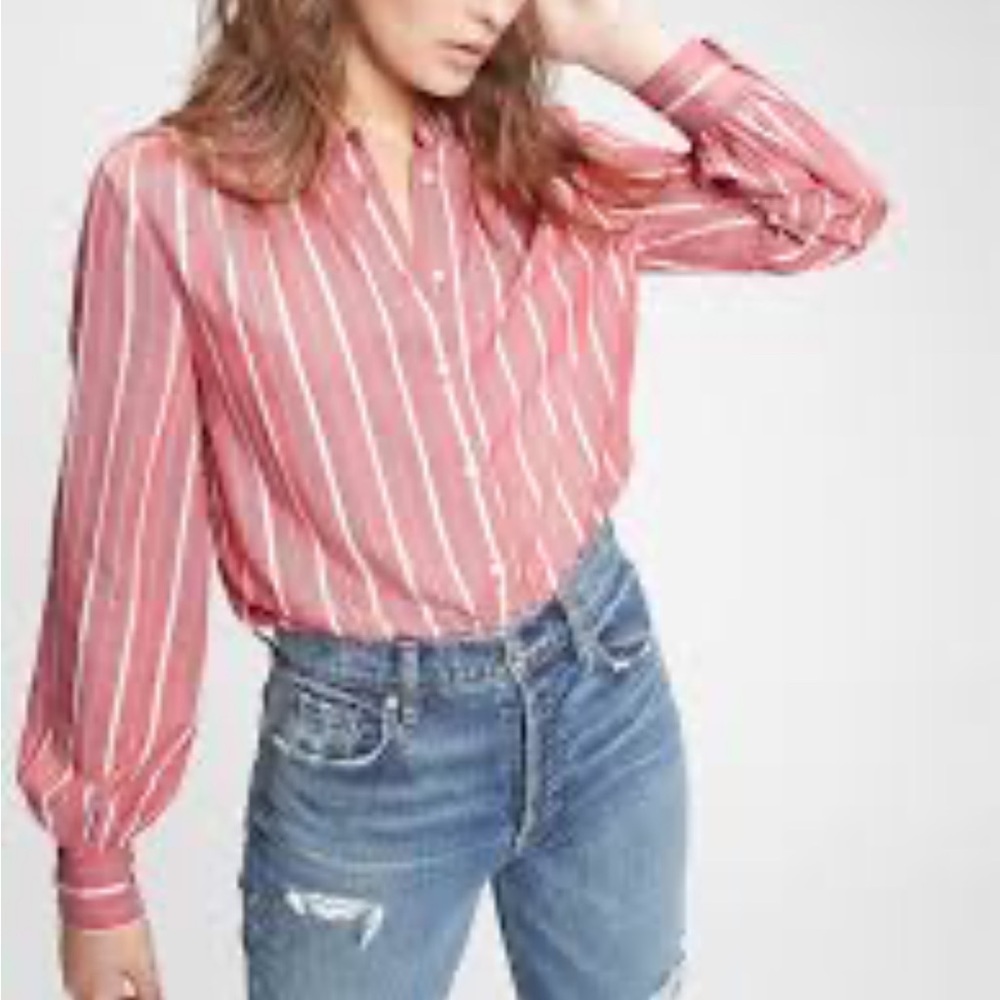 Gap Shirred Button Front Top Red White Stripe Mandarin Collar Sz M Long Sleeve